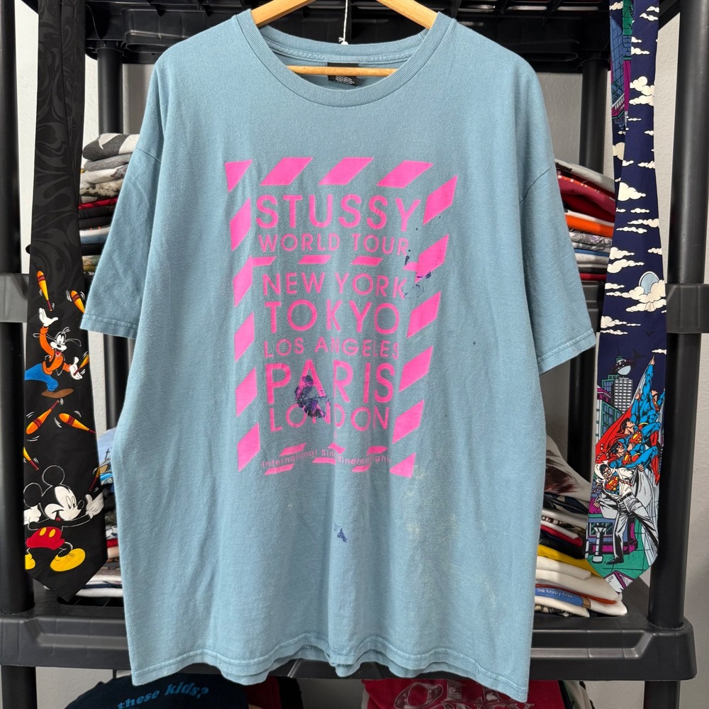 Y2K Blue Stussy World Tour Graphic Tee XL Paint Marks